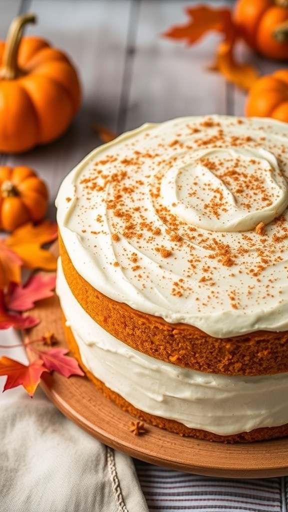 A moist pumpkin spice cake with cream cheese frosting, garnished with cinnamon, on a rustic table with autumn decor.